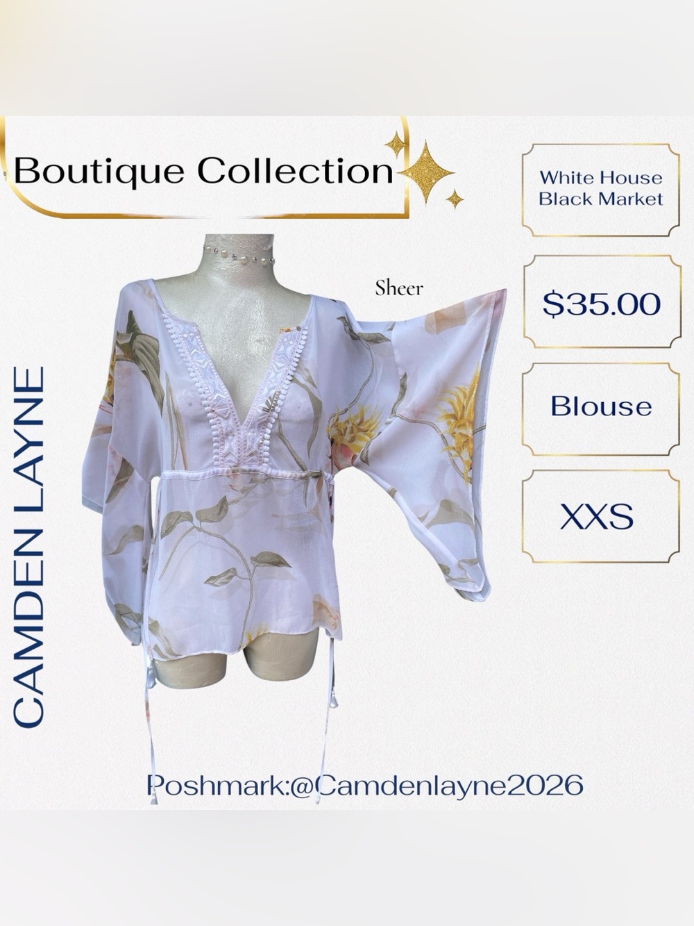 White House Black Market Sheer White Floral Lace V-Neck Overlay Blouse - Picture 4 of 12